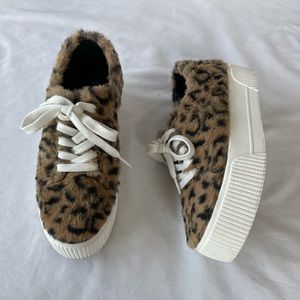 Jessica Simpson EDDA Leopard Print Faux Fur Lace-Up Platform Sneaker Size 7